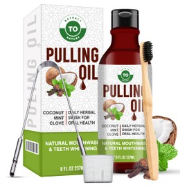 Oil Pulling (8 fl oz/ 237 ml) with Tongue Scraper, Biodegradable Bamboo Toothbrushes & Measuring Cup, 100% Natural, Free from Alcohol to Help Natural Mouthwash, Fresh Breath, Teeth Whitening