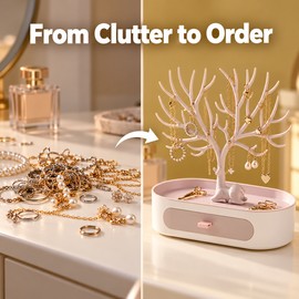 Deer Tree Jewelry Organizer for Earrings & Necklaces – Antler Display Stand with Storage Tray & Drawer for Vanity or Dresser