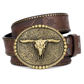 XIAOWU Western Faux Leather Belt for Men and Women, Cowboy Cowgirl Attractive Buckle Retro Embossed Costume Belt, Bulle Bronze - Coffee