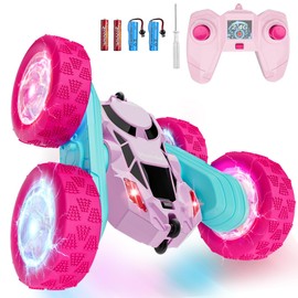 Pink Remote Control Car for Girls,Double Sided 360°Flip, with Headlights, Girl Princess Toys Rechargeable Toy Car for 6-7 6-8 9 10-12 Year Old Girls Birthday
