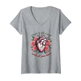 Womens Trust in The Lord Christian Verse Floral Heart Tee V-Neck T-Shirt