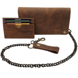 Buffalo Full Leather Biker Wallet with Metal Chain and Removable Card Case with RFID & NFC Blocking (Brown)