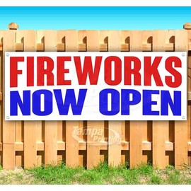 Fireworks Now Open Banner 13 oz | Non-Fabric | Heavy-Duty Vinyl Single-Sided With Metal Grommets