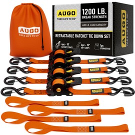 AUGO Retractable Ratchet Straps | 4 Heavy Duty Ratchet Straps Self Retractable Tie Down Straps with Soft Loops & Storage Bag for Motorcycle, Truck, Trailer, Cargo Van | 1200 Lb Break Strength 1” x 10’
