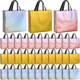 Eccliy 60 Pcs Reusable Gift Tote Bags Grocery Shopping Bag with Handles Thank You Gift Bags for Bridesmaid Wedding Christmas, 12.6x10.6x3.9''(Glitter Mix Color)