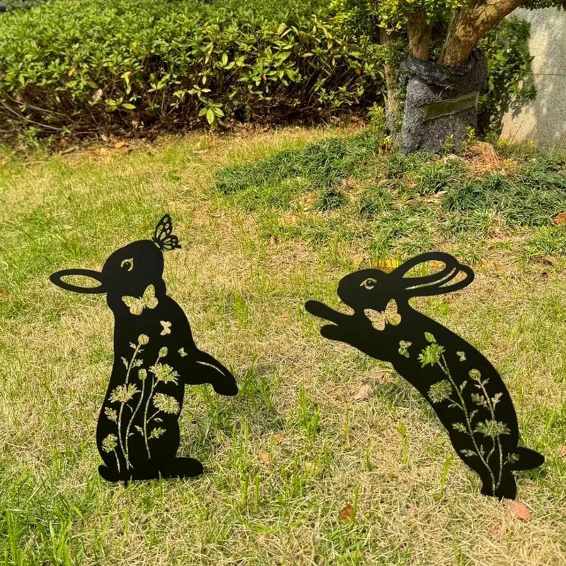 Rabbit Metal Garden Stakes Decorative,2 Pack Black Jump Rabbit Silhouette