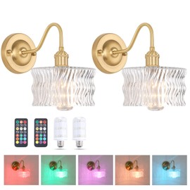 Shenmoyl Battery Operated Wall Sconce Set of 2, Vintage Rechargeable Wall Lights with Clear Ripple Glass Shade, Wireless Indoor Wall Lamp with Remote for Bedroom Living Room Bathroom