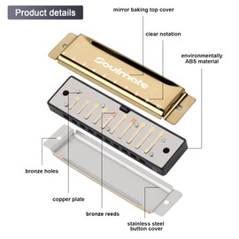 Soulmate Beginner Harmonica Mouth Organ 10 Hole 20 Tones C Key Blues Harmonica with Case Diatonic Harmonica for Students， Professional Player, Adult, Friends, Gift Gold