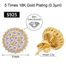 VEXXS S925 Diamond Stud Earrings for Men, 14K Real Gold Plated Iced Out Earrings Micro Pave 5A CZ Stones Men’s Studs, Hypoallergenic 925 Sterling Silver Studs (D-Gold 18K)