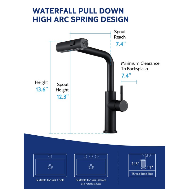 Kitchen Faucet with Pull Down Sprayer, Waterfall Single Hole Single