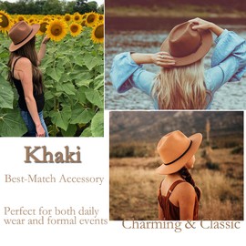 Happyupcity Khaki Classic Fedora Hat with Belt Buckle Wide Brim Felt Panama Jazz Hat for Women Men