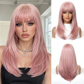 Pink Wigs for Women Big Scalp Medium Length Long Straight Wig with Bangs Synthetic Hair Heat Resistant Wigs for Everyday Party Cosplay Wear