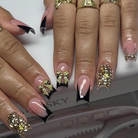BABALAL Press on Nails Short Black Gold Fake Nails Square Glue on Nails French Tip Rhinestone Luxury Acrylic False Nails with Bow Charm Bling Gel Nails 24Pcs Handmade Squoval Nails for Women Girls