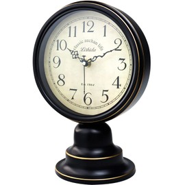 NEOTEND Mid Century Modern Desk Clock for Bedroom Kitchen Vintage Table Clock Mantel Desktop Farmhouse Tabletop Metal Clock for Office Living Room Silent Decor Battery Operated Black Clock