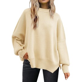 wkwmrpet Women's Crewneck Batwing Long Sleeve Tops Oversized Ribbed Knit Side Slit Fall Sweaters Apricot
