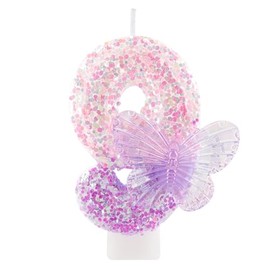 Vela de cumpleaños número 9 con purpurina y decoración de mariposa morada, decoración de pastel rosa brillante para niños y niñas, decoración de fiest