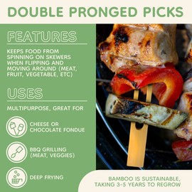 BambooMN 9mm Wide Bamboo Double Prong Fondue Sticks Barbecue Grilling Kabob Skewers, 9.8" Long, 100 Pieces