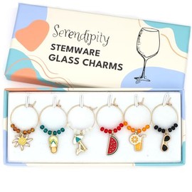 Summer Wine Glass Charms, Set of 6 include: Sun bed, Sun, Flipflop, Cocktail, Watermelon and Sunglasses, Set of 6 Summer Gold Enamel Stemware Identifiers