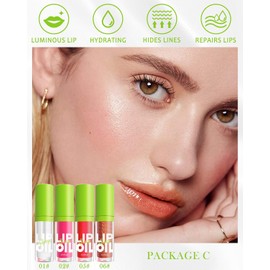 Hydrating Lip Glow Oil-4 Colors Tinted Plumping Moisturizing Lip Oil Gloss, Lip Oil Liquid Lipstick,Clear Pink Shiny Lip Care Oil,Long Lasting Non-sticky Transparent Lipgloss, Makeup Gift-SetC