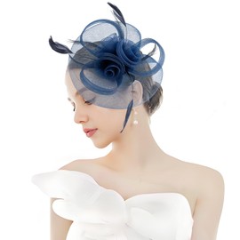 Unpifolov Fascinators Hats Flower Mesh Feathers Headband Girls and Women Headwear for Tea Party Wedding Derby Cocktail Hair Clip T-19 Navy Blue