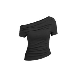 CIDER Asymmetrical Neck Ruched Short Sleeve Top: Black, L