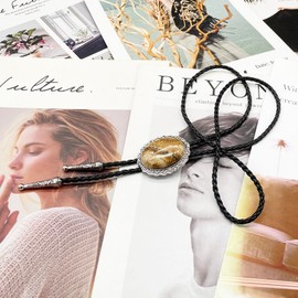 JPJZY BRBAM Celtic Style Natural Stone Bolo Tie Elegant Oval Gemstone Pendant Leather Necktie for Men and Women (Sand Painting)