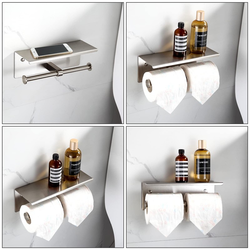 Double Toilet Paper Holder with Shelf Brushed Nickel Toilet Paper