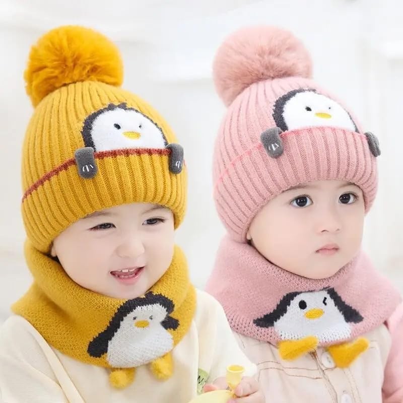 Kids Beanie Hat & Scarf Set with Penguin Design, Warm