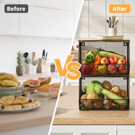 3-Pack Stackable Wire Basket with Wood Lid - Wall Mounted Fruit & Vegetable Bowl for Kitchen, Potato & Onion Storage