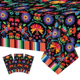 3 Pcs Mexican Fiesta Tablecloth Decorations, 108" x 54" Plastic Cinco De Mayo Table Cloth Dia De Los Muertos Table Cover Day of The Dead Decor for Taco Night Festive Mexico Colorful Ponchos Supplies