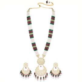 Aheli Rani Pink & Green Kundan Beads Studded Long Necklace & Dangle Earrings Set Ethnic Traditional Jewelry for Women