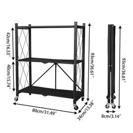 Hershii 3-Tier Foldable Storage Shelf with Wheels Rolling Collapsible Shelving Unit Metal Display Rack Organizer Heavy Duty Flower Plant Stand for Home, Kitchen, Garage, Office - Black