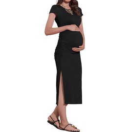 Women's Bodycon Maternity Dress Baby Shower Short Sleeve Ruched Split Fitted Maternity Dresses for Photoshoot Pregnancy, Black XXL