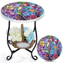 Weysat 14" Mosaic Side Table Outdoor Small Patio Side Round Table with Hummingbird Mosaic Accent 2 Tier Metal End Plant Stand Coffee Tea Desk for Yard Porch Garden Patio Living Room Bedroom Balcony