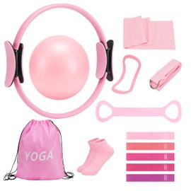 BSJ BESTGYM Pilates Ring Set for Women, Pilates Equipment with 5 Resistance Bands & Accessories, Pilates Ball, 14'' Magic Circle Hoop, Pilates Starter Kit for Beginners at Home (Pink)