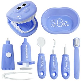 9-Piece Dental Pretend Play Set, Educational Dentist Play Kit with Teeth Model, Toothbrush, Dental Mirror, Syringe, Toothpaste, Tray, and Dental Tools, Fun Pretend Play Doctor Kit for Kids (Purple)