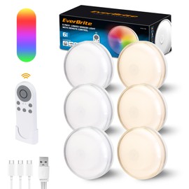 EverBrite Puck Lights with Remote, Rechargeable 2000mAh Linked Sensor Under Cabinet Lights, Three Group Control, 10 RGB Colors Closet Lights, Dimmable Cabinet Lights for Kitchen, Bedroom (6-Pack)