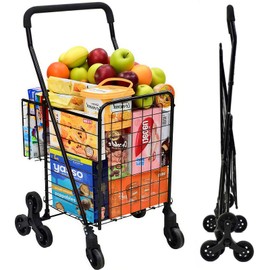 Folding Shopping Cart, Heavy-Duty Stair-Climbing Grocery Cart with 360° Swivel Wheels - Extended Foam Handle - Utility Trolley for Laundry, Travel, Shopping