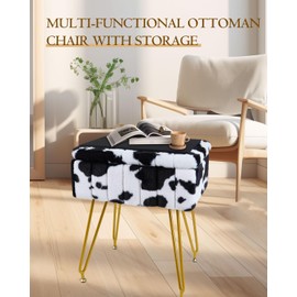 Tavovostar Vanity Stool with Storage, Faux Fur Makeup Stool with Metal Legs, Multifunctional Furry Footrest Ottoman Chair for Living Room Bedroom,Cow
