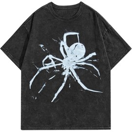 Qualitup Spider Letter Graphic T-Shirt Men’s Hip Hop Streetwear Oversized Tee Harajuku Casual Y2k Cotton Shirt (Black,Large)