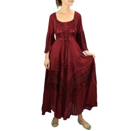 Agan Traders Women's 3/4 Bell Sleeve Corset Flared Hem Embroidered Renaissance Boho Long Dress Gown Maxi (106 DR, S/M=S, Bu)