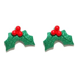 Glittery Christmas Holly Holiday Stud Earrings (H036)