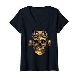 Womens Steampunk Zombie Skull V-Neck T-Shirt