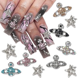 RODAKY Nail Art Charms Sliver Metal Planet Nail Charms with Crystal Rhinestone 3D Punk Star Nail Supplies 6 Colors Saturn Shape Nail Accessories for Women DIY Design Nail Gems Jewelry Decoration