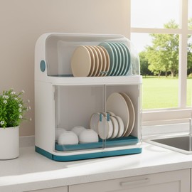 RENFANSHOP 2 Tier Dish Drying Rack,Drain Board with Lid Plastic Cover,Kitchen Counter Cutlery Tableware Sink Rack,Drying Rack Storage Case for Kitchen Countertop for Plates,Cups,Bowls & Cutlery