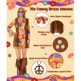 TOLOYE 70s Fancy Dress Women, Hippie Costume Outfit with Fringe Vest Boho Headband Necklace Set, 60s Disco Fancy Dress, 1970s Retro Hippie dress Hippy Clothes for Carnival Cosplay Party (XL)