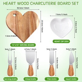 Irenare 6 Pcs Heart Shaped Charcuterie Board and Serving Set 12 x 10 x 0.6 Inch Acacia Wood Heart Shaped Cutting Board Cheese Serving Platter Plates Ceramic Bowl Cheese Knife Set