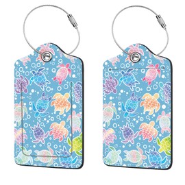 2 Pcs Luggage Tags for Suitcase, Cute Unique PU Leather Travel Bag Tag with Privacy Cover ID Label Address Card and Durable Metal Ring Suitable for Men Women Children Backpack,Colorful Sea Turtles
