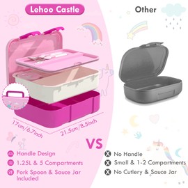 Lehoo Castle Bento Lunch Box for Kids, 1.25L Bento Box Lunch Containers with 5 Compartments, Toddler Lunch Box with Sauce Jar/Spoon & Fork (Unicorn)