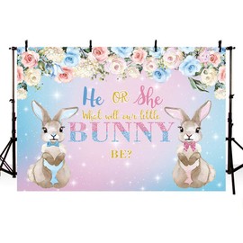AIBIIN 7x5ft Bunny Gender Reveal Backdrop He or She What Will Our Little Bunny Be Pink Blue Flowers Photography Background Easter Gender Reveal Decorations Banner